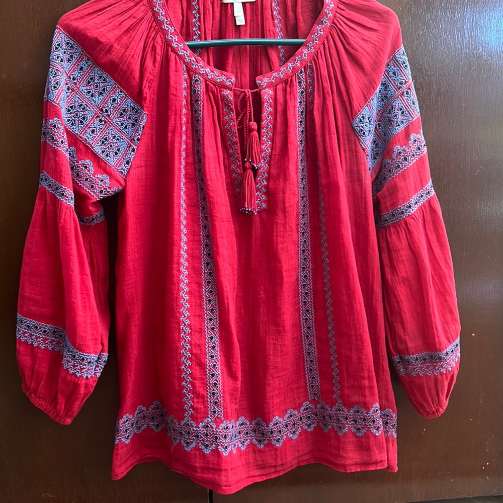 Joie | Red Embroidered Gauge Peasant Top